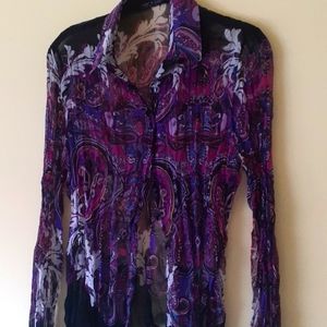 Beautiful multi color Violet & Clair button down blouse, sheer, very sexy!